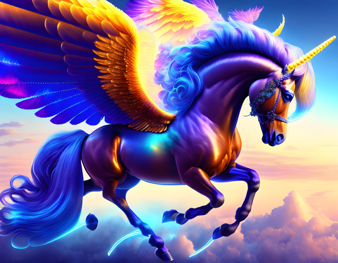 Majestic purple unicorn with golden wings soaring at sunset