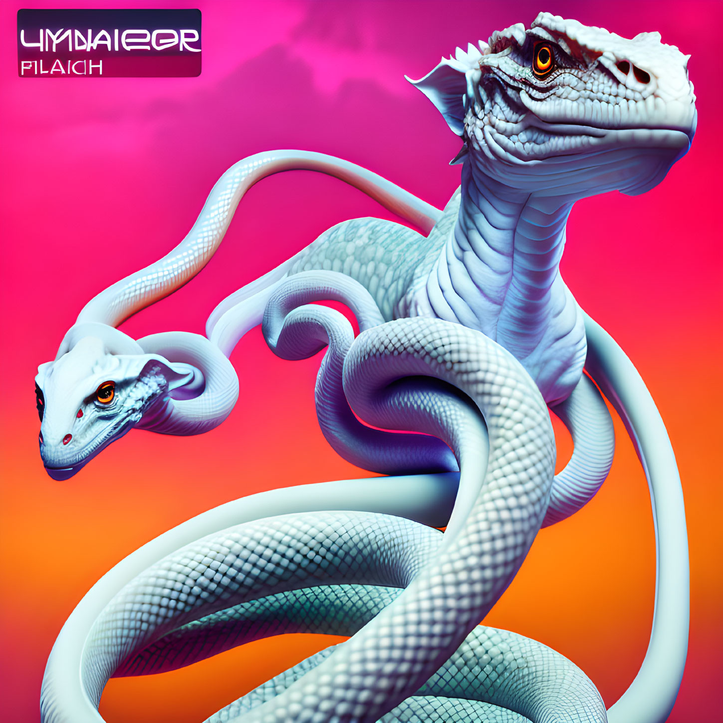 Digital artwork: intertwined snakes with humanoid features and Cyrillic text on hot pink background