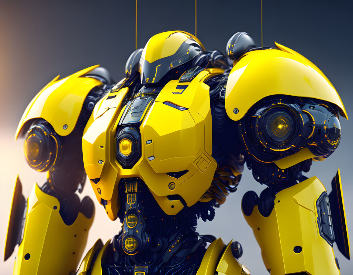 Yellow Futuristic Robot with Helmet-like Head and Illuminated Chest Core