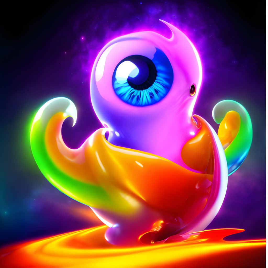 Colorful surreal creature with central eye and tentacles on luminous background