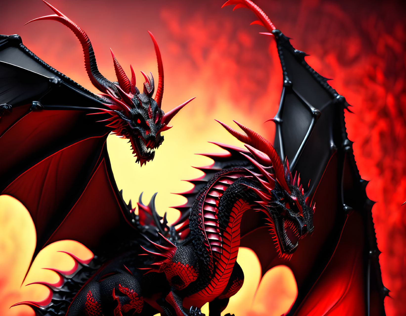 Black and Red Dragons with Spread Wings on Fiery Red Background