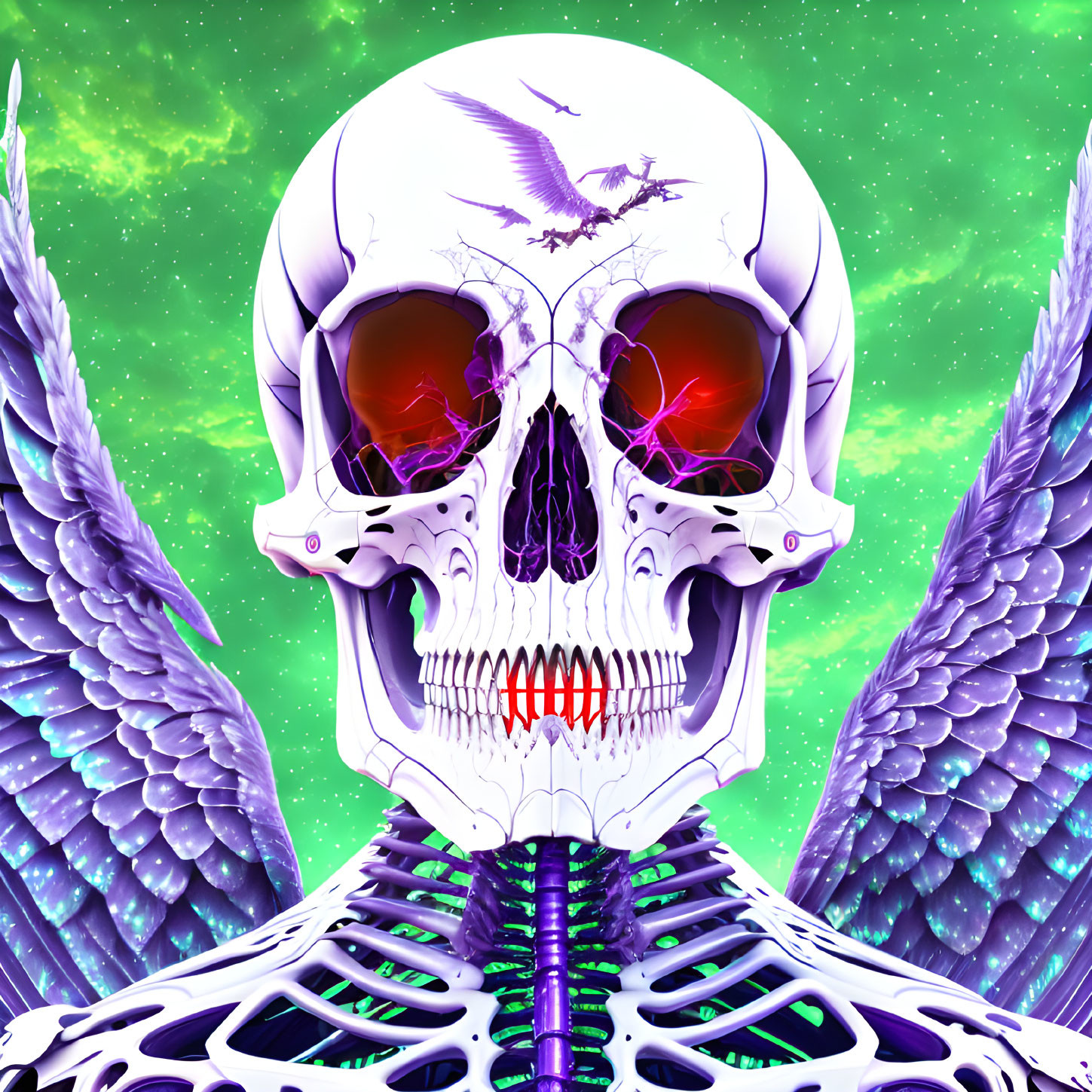 Surreal skull with glowing red eyes and wings in starry green sky