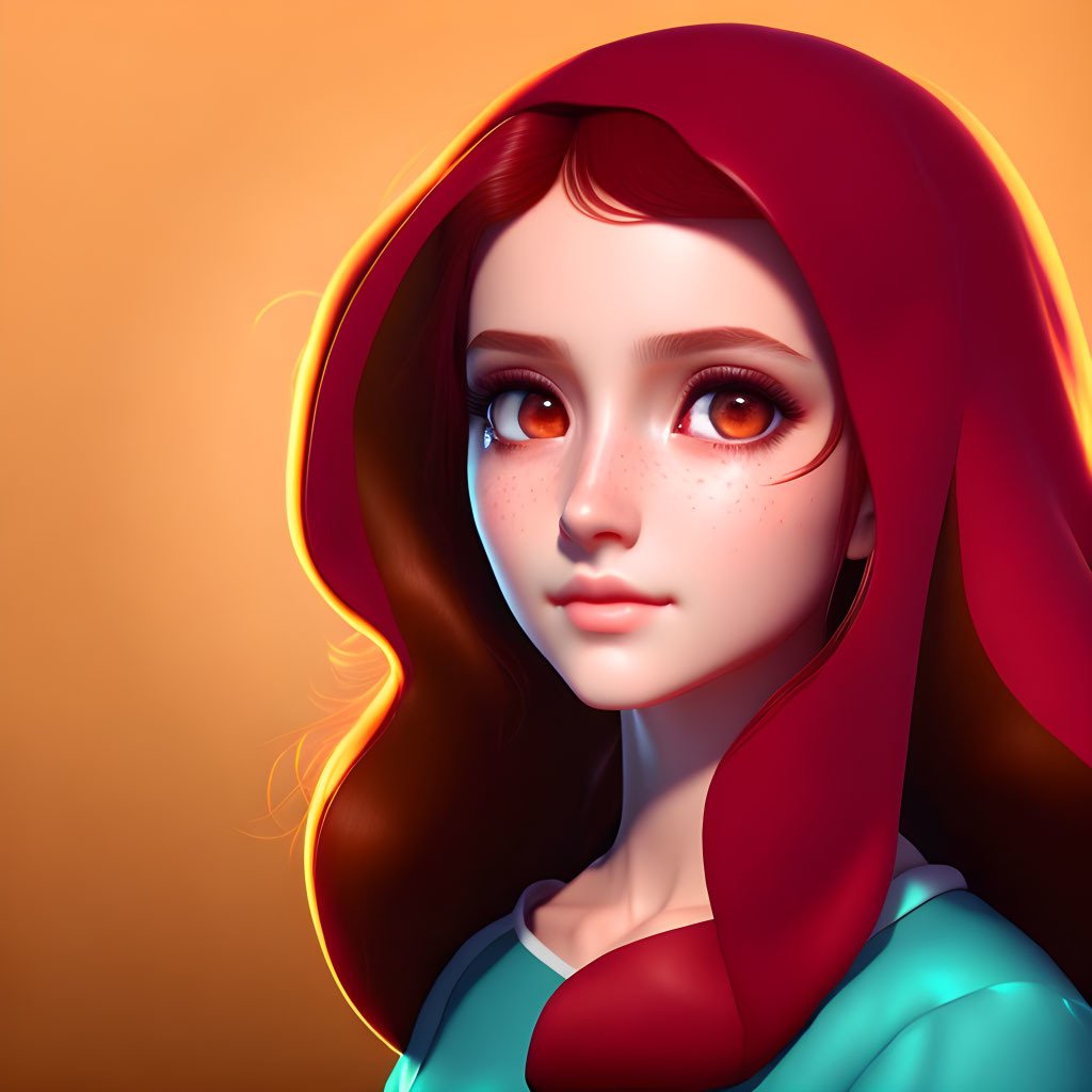 Digital artwork: Girl with large brown eyes, red hair, freckles, and red hood on