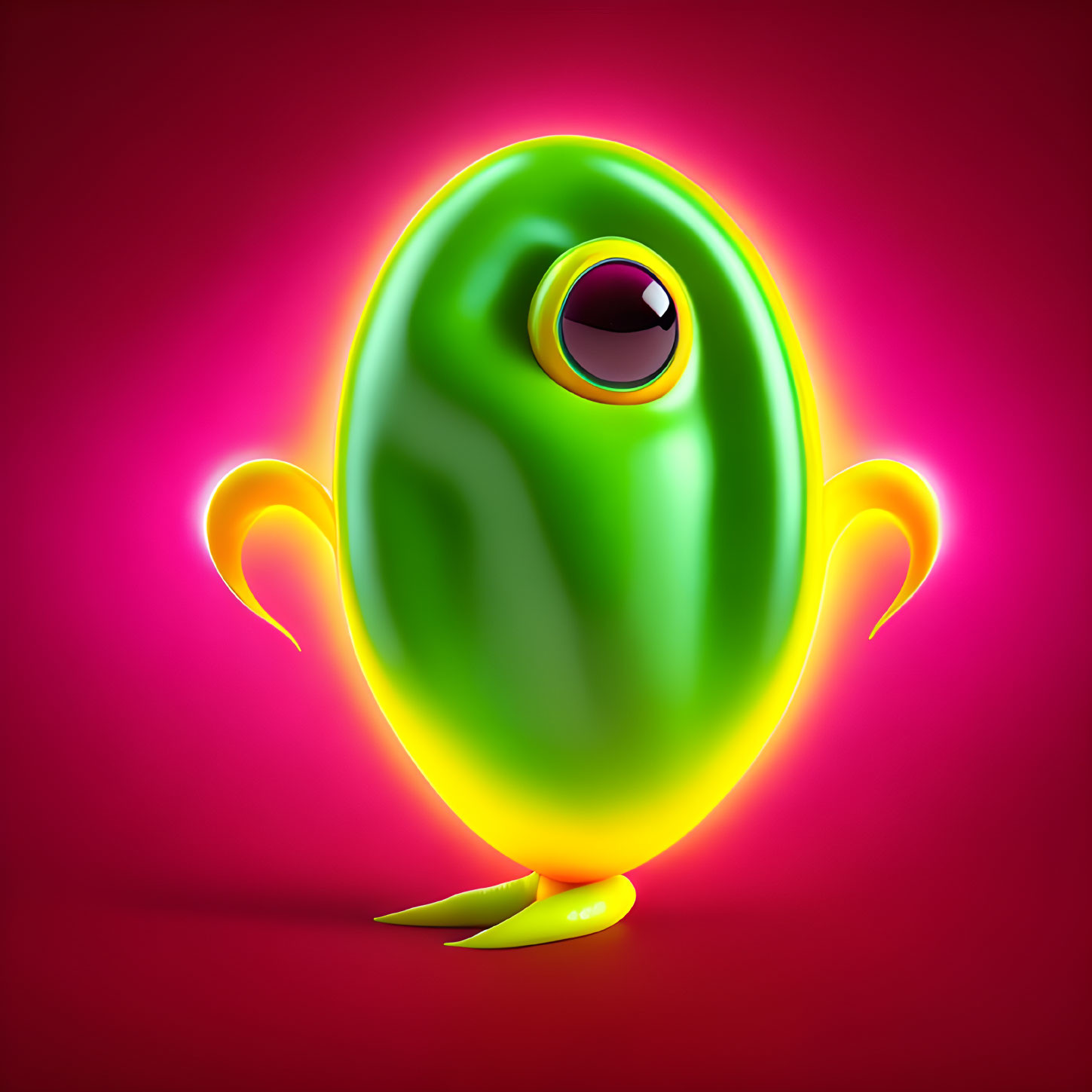 Green one-eyed character with arms and tail on pink background