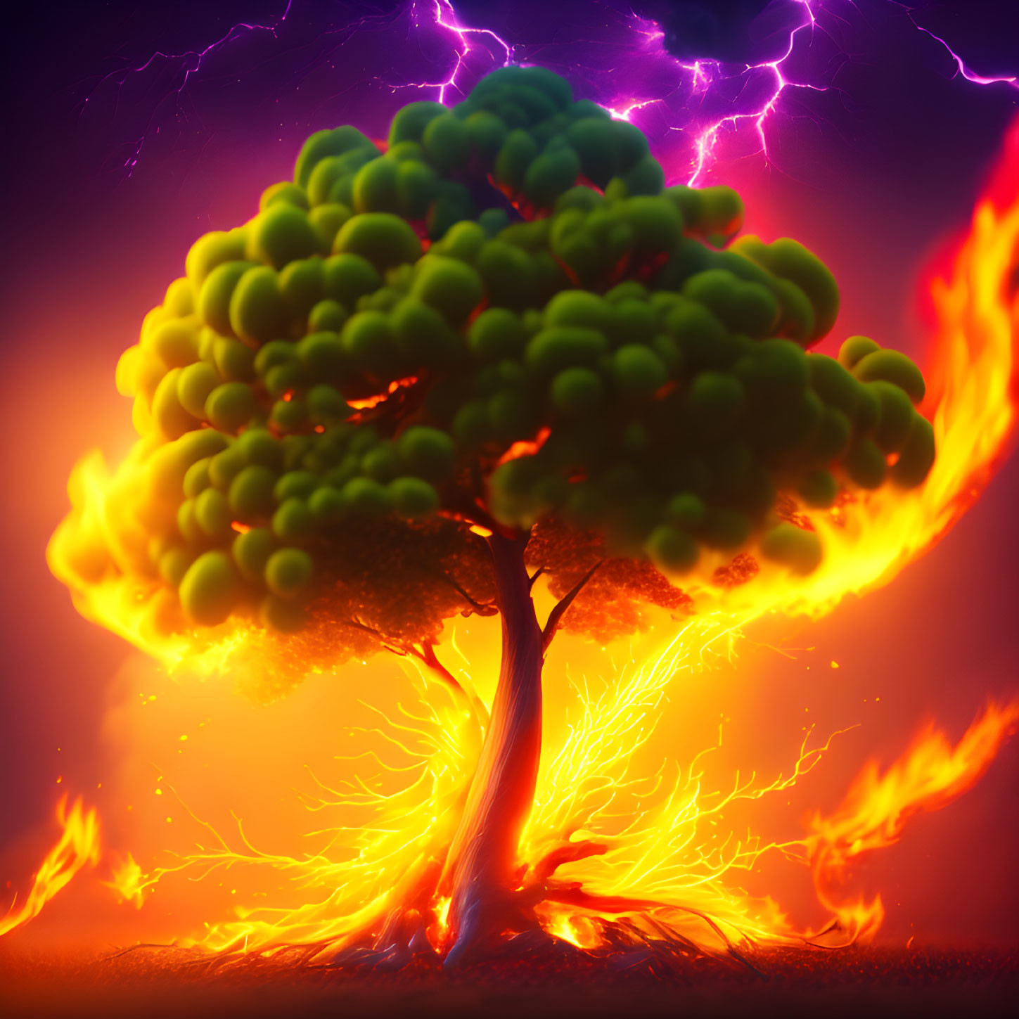 Tree with green foliage engulfed by intense flames against dramatic purple lightning.