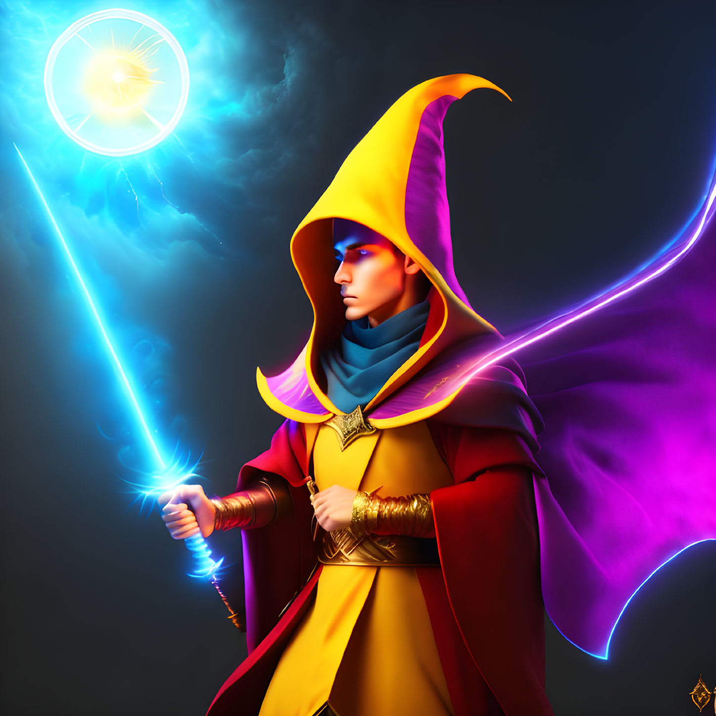 Wizard in Yellow Cloak with Blue Staff and Magic Orb on Dark Background