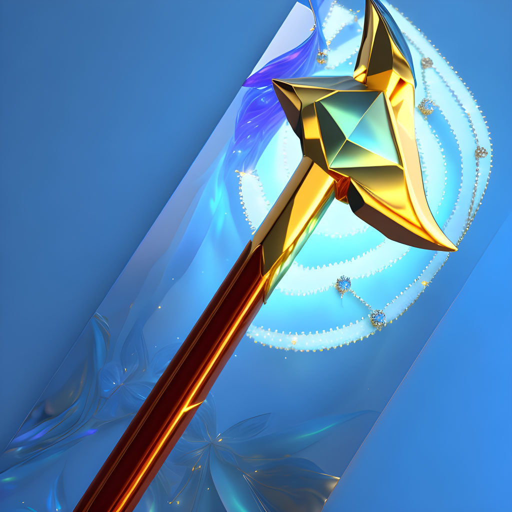 Golden gem-encrusted axe on blue abstract background