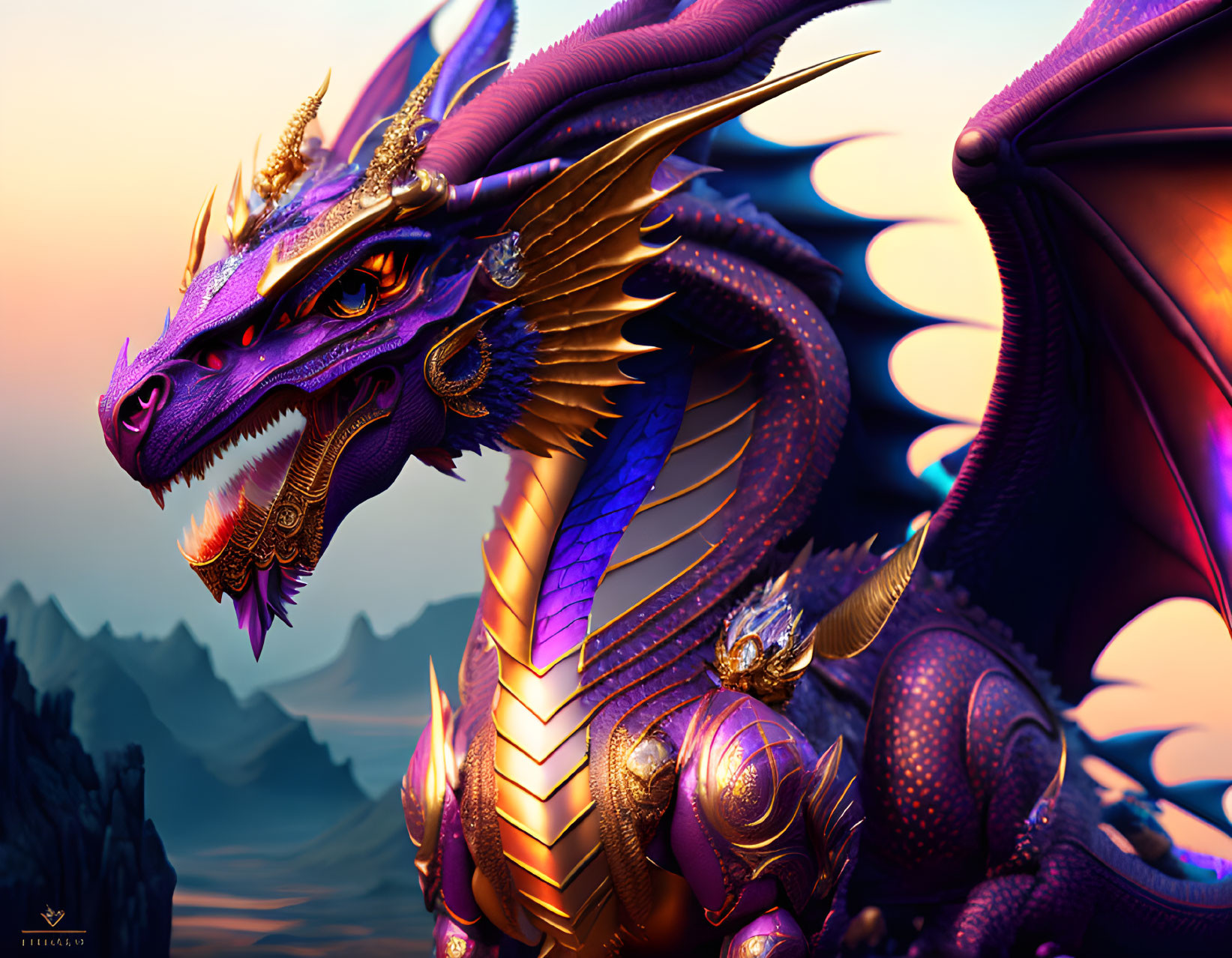Majestic purple and gold dragon with intricate scales and wings in twilight sky