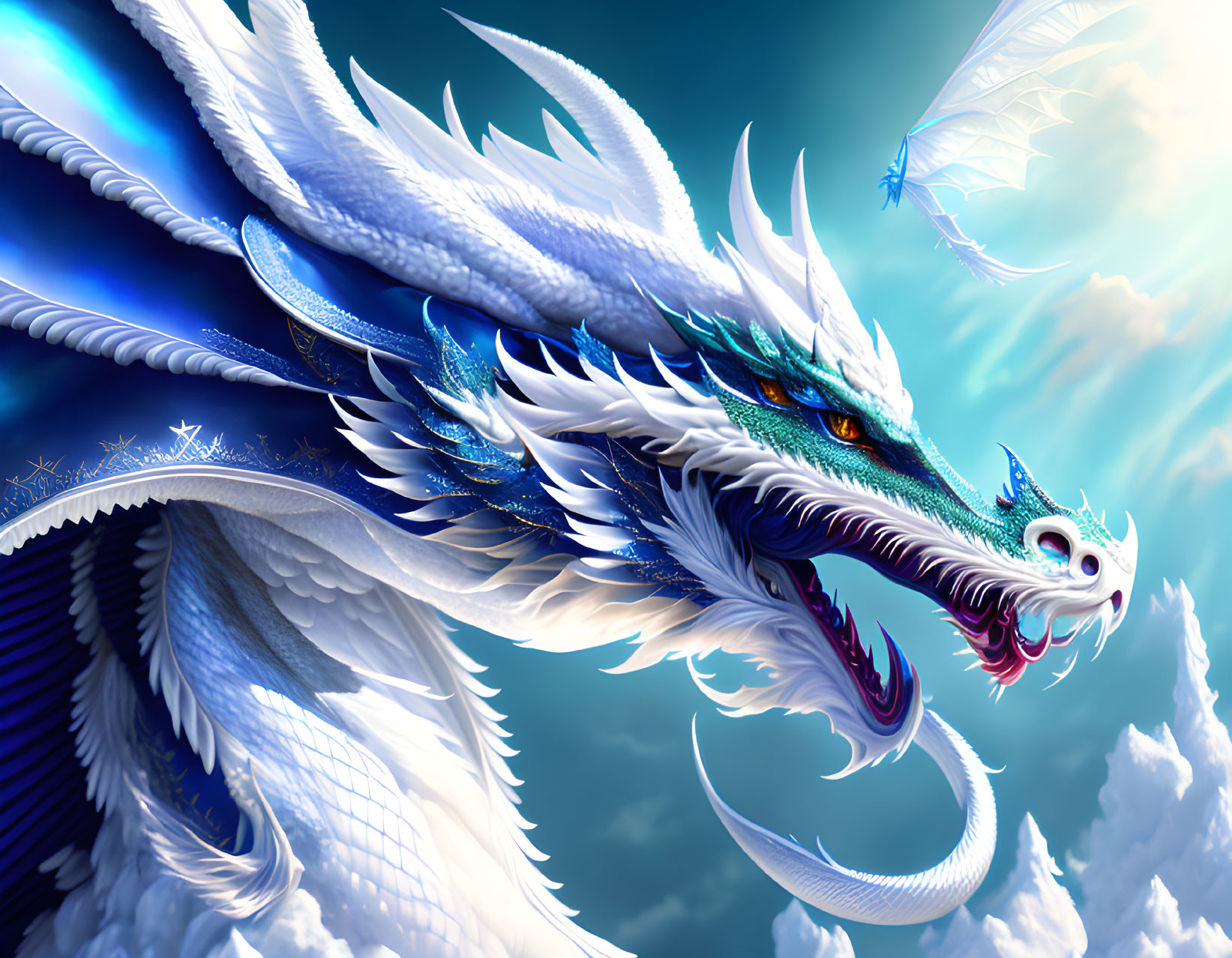 Majestic white and blue dragon with intricate wings in sky with smaller dragons and clouds.