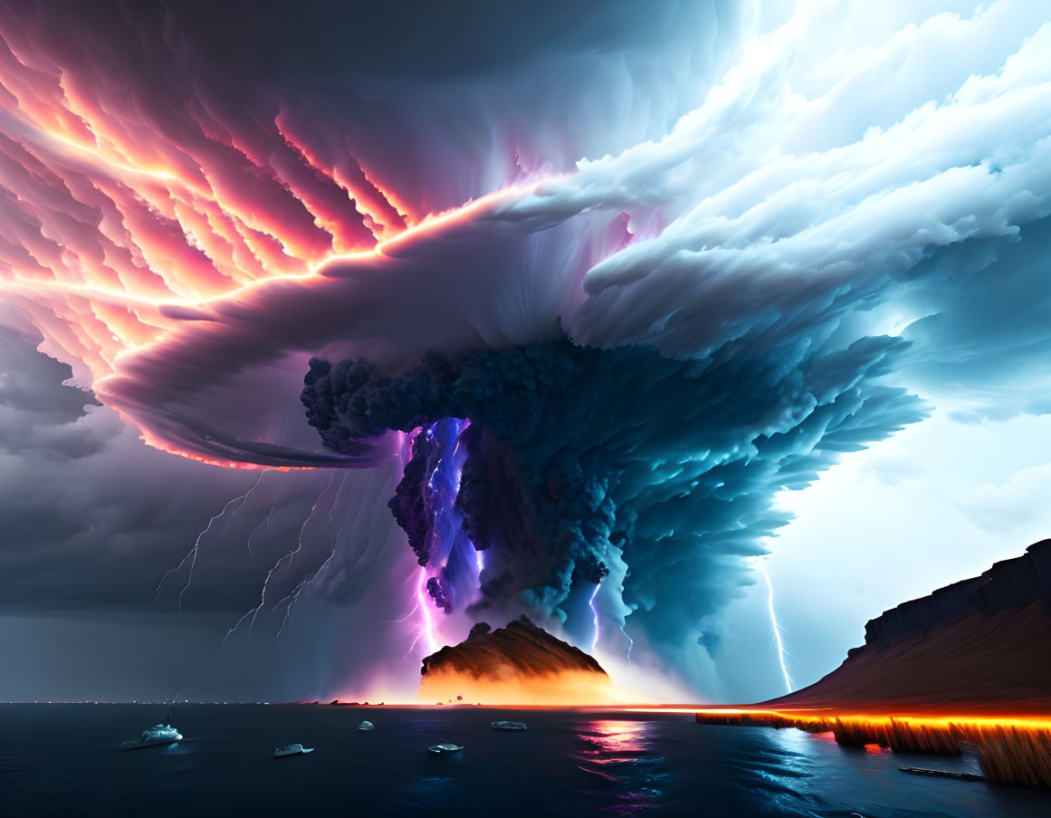 Dramatic digitally-manipulated storm cloud over water with lightning
