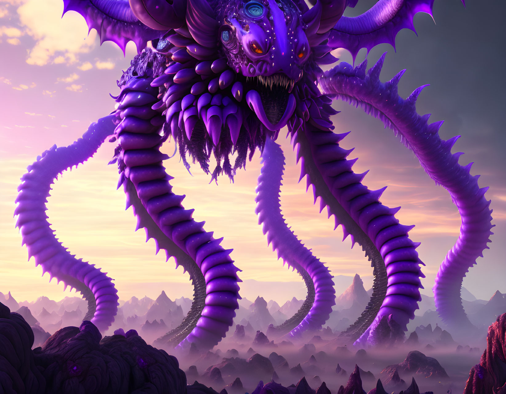 Purple octopus-like creature with multiple eyes and tentacles in alien landscape