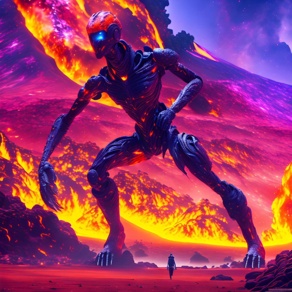Giant robot on alien volcanic planet with small human figure