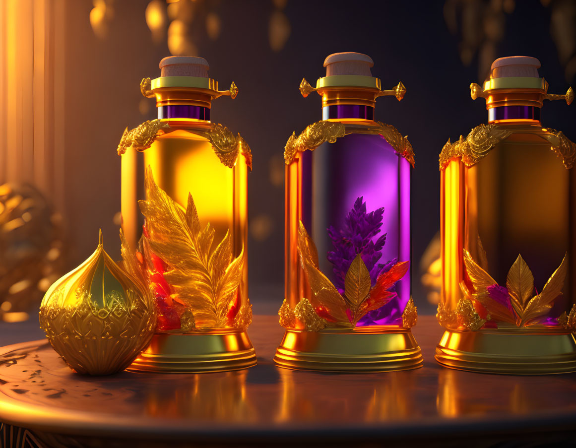 Ornate glowing bottles on table with golden leaves