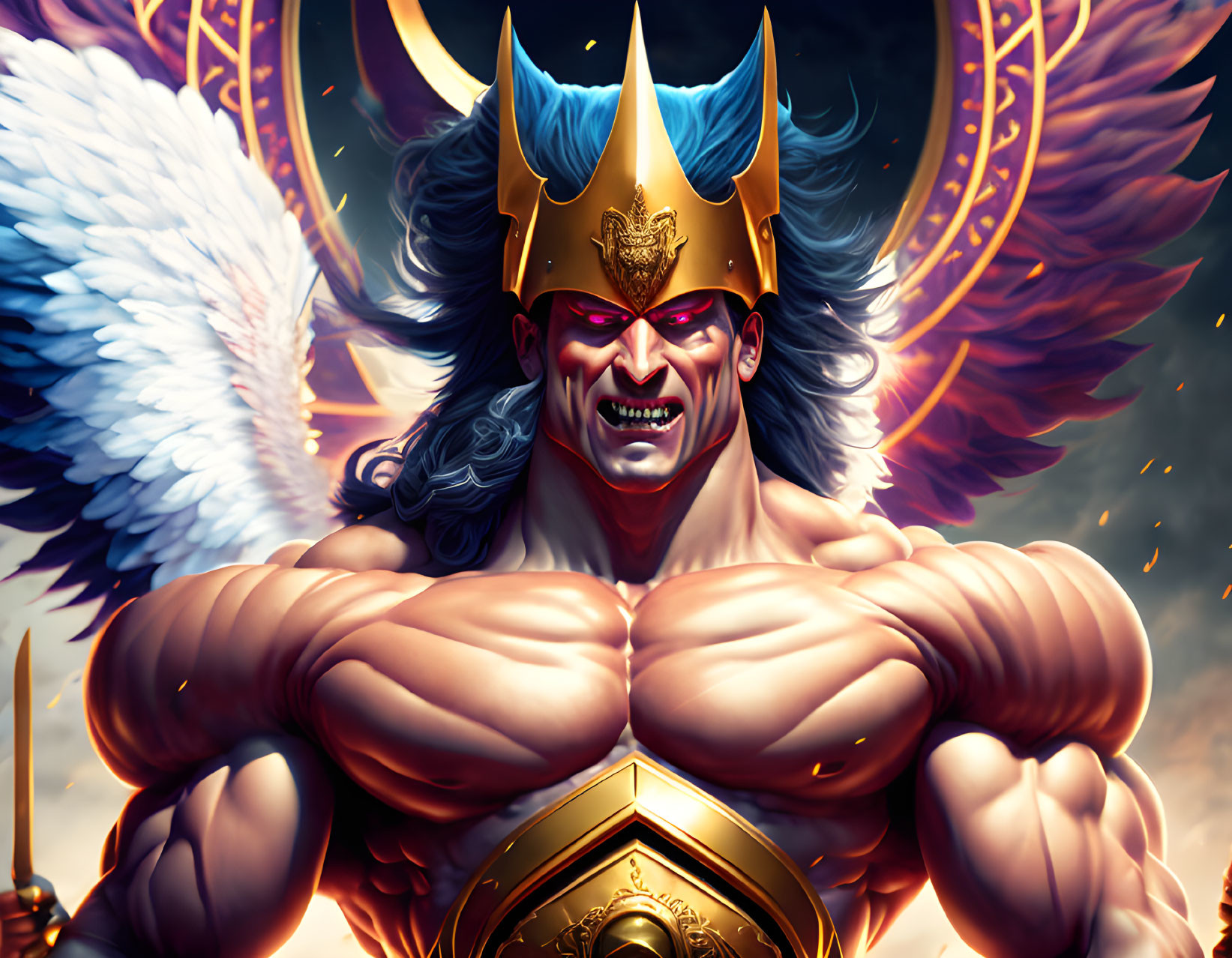 Muscular character with golden helmet and angelic wing illustration