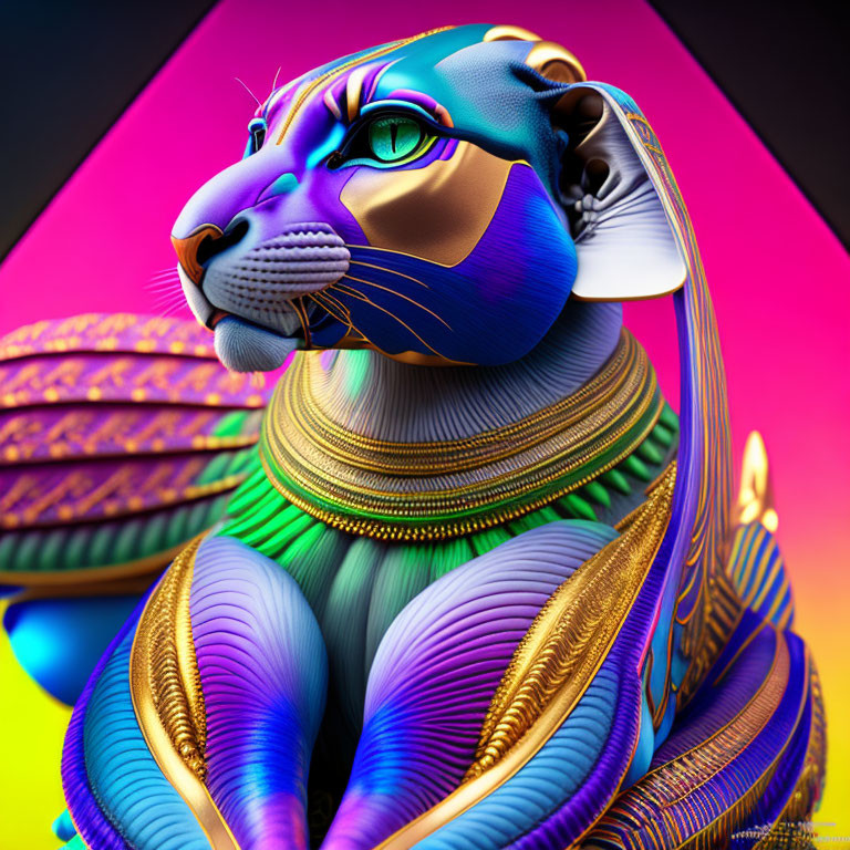 Vibrant digital artwork: stylized lion with intricate patterns and ornate jewelry on pink and yellow