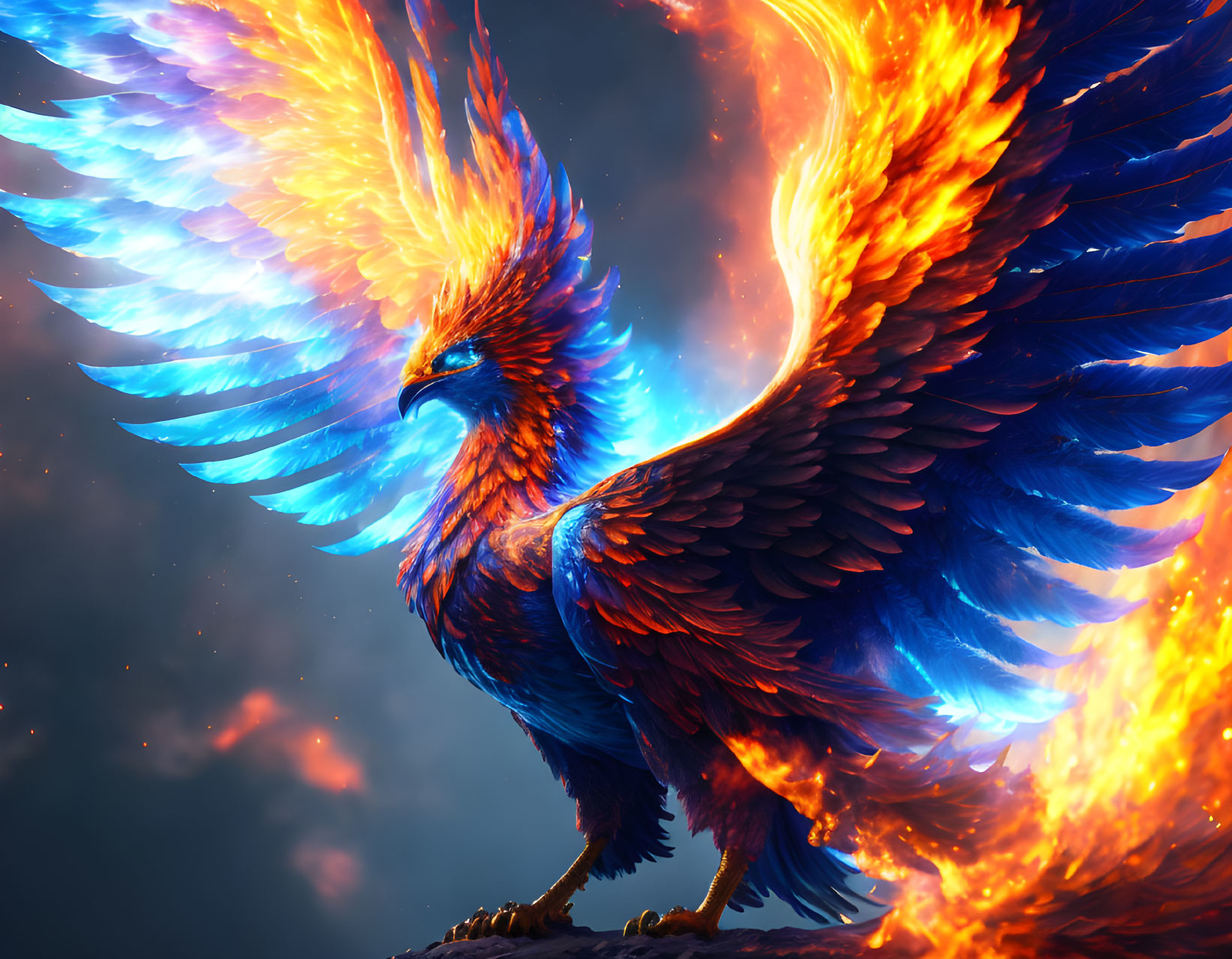 Colorful Phoenix Art in Fiery Plumage and Cloudy Sky