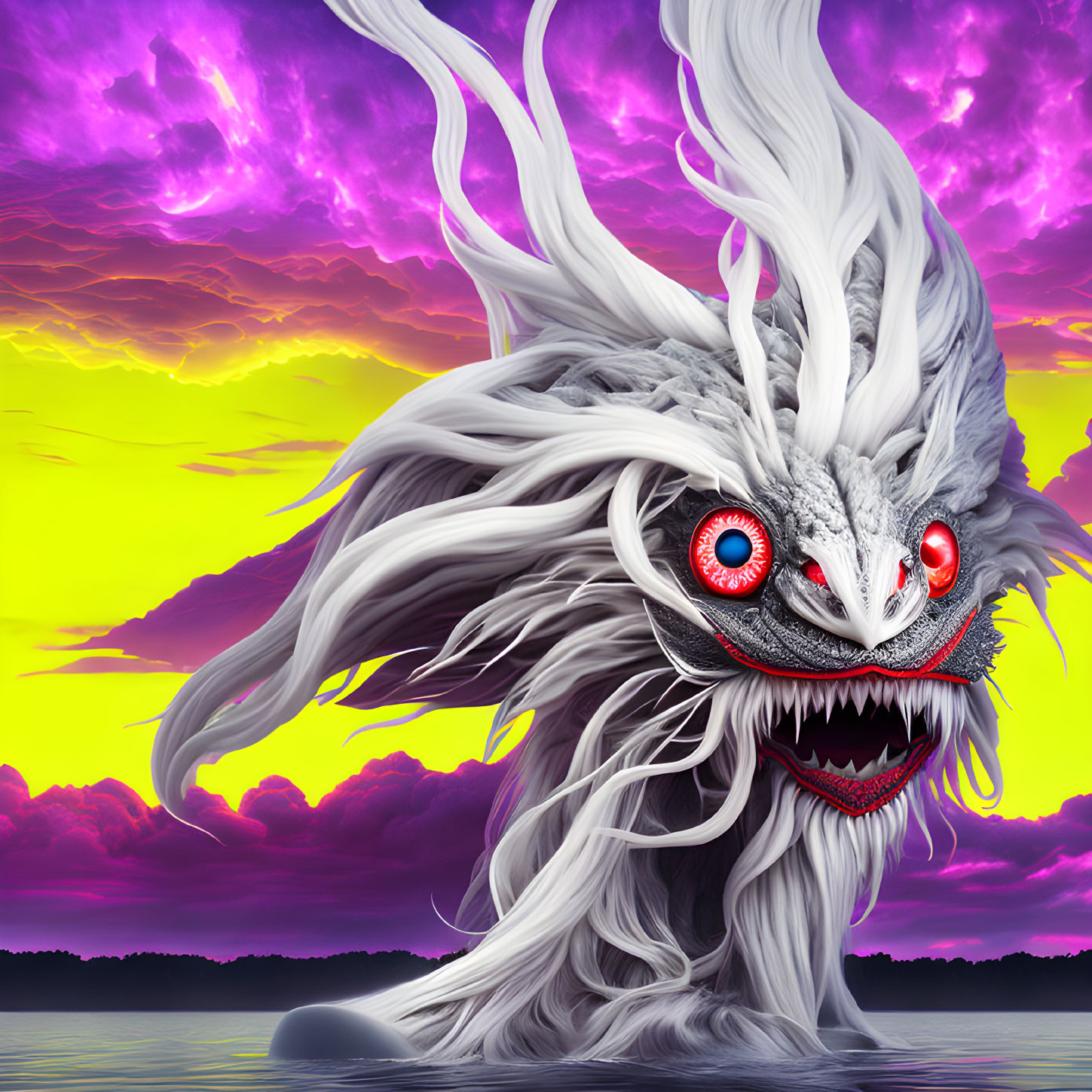 White Dragon with Red Eyes in Purple Sunset Sky