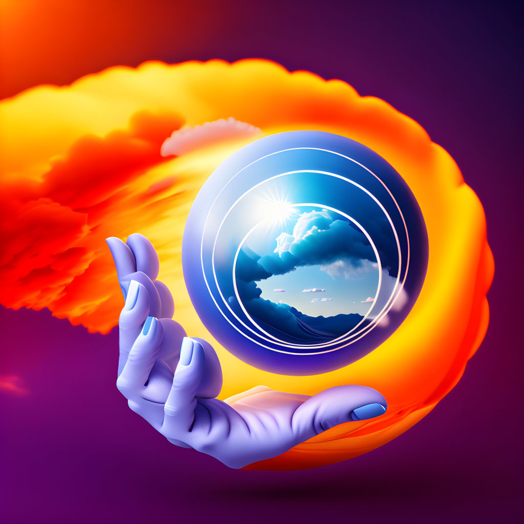 Surreal image: Hand holding circular portal with sunny sky and fiery orange clouds on purple background