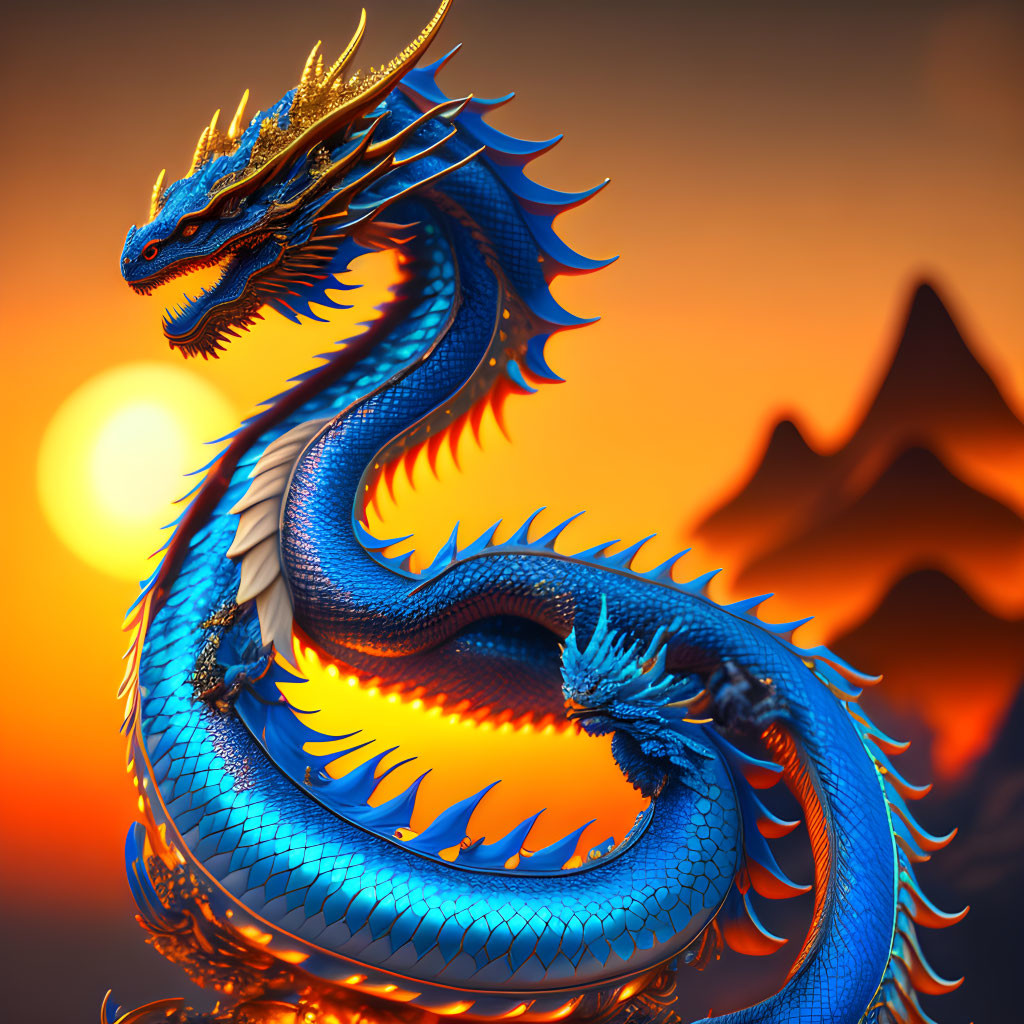 Blue Dragon with Golden Horns Coiled at Sunset