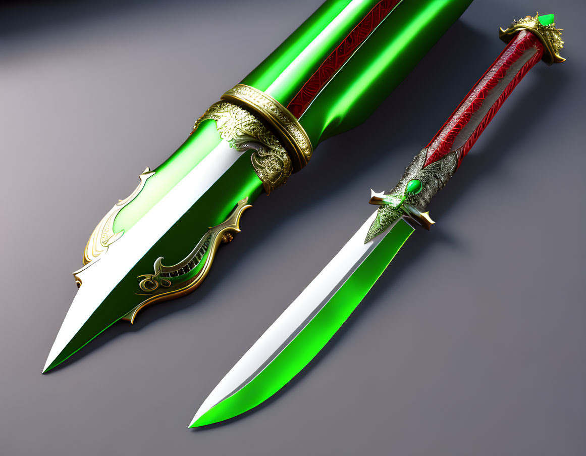 Intricate green and gold dagger with shiny silver blade