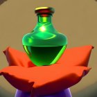 Vibrant green potion in glass bottle with wax seal on tan background