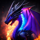 Mythical armored dragon with blue body, gold details, cosmic wing, fiery nebula backdrop