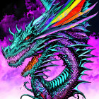 Colorful dragon with iridescent scales flying in purple clouds