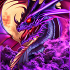 Purple dragon with extended wings in dramatic red sky