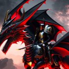 Black armored knight with red dragon in dramatic sky