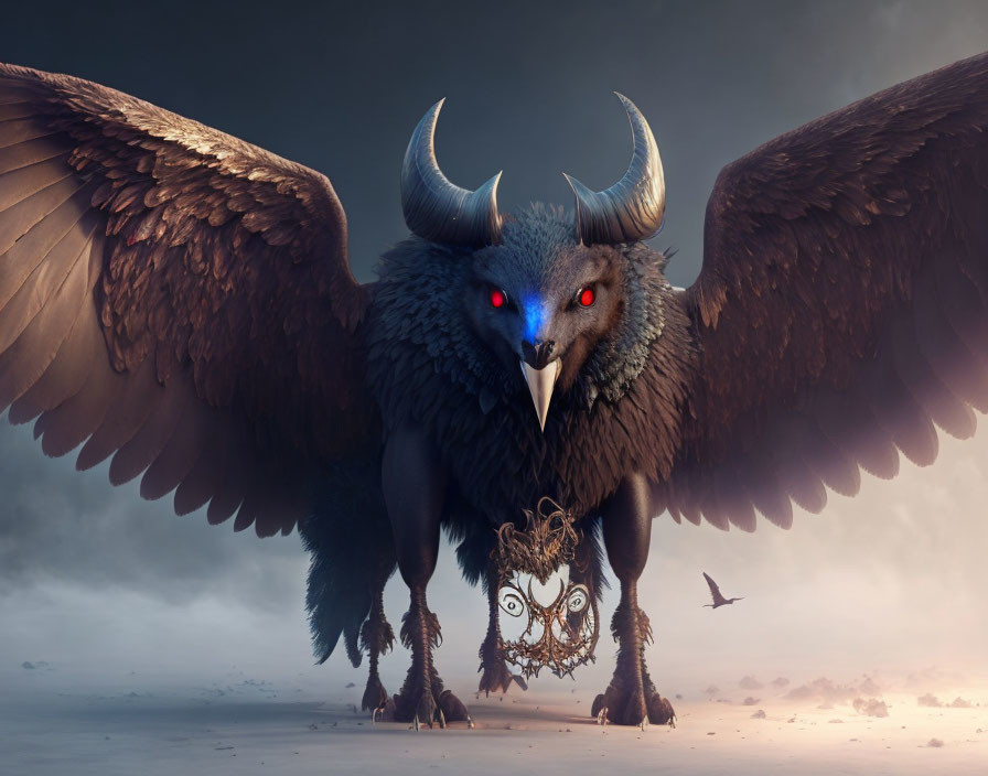 Mythical creature with raven body and bull horns holding a mask