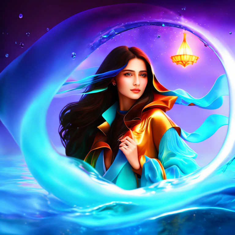 Woman with flowing hair in surreal water wave illuminated by lantern