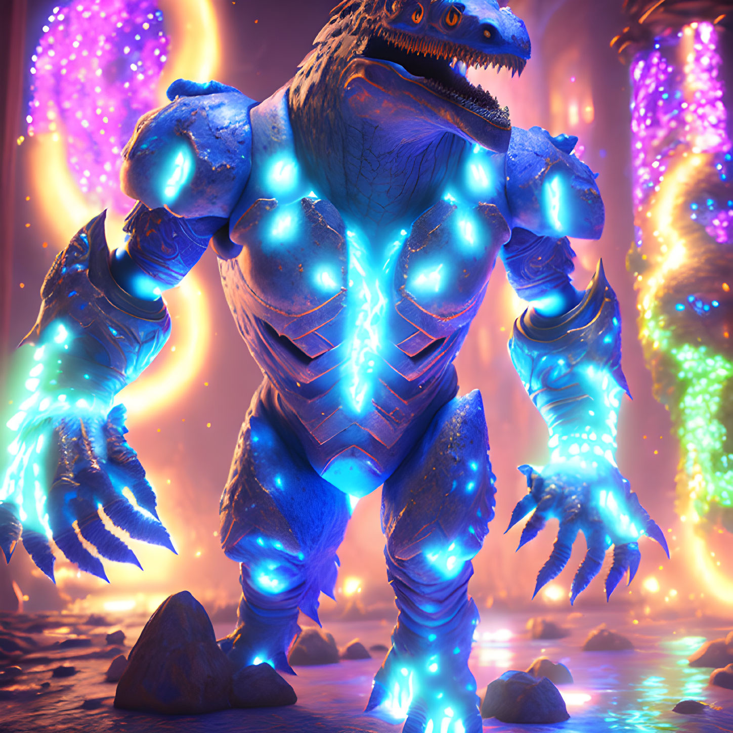 Armored beast radiating blue energy under alien sky
