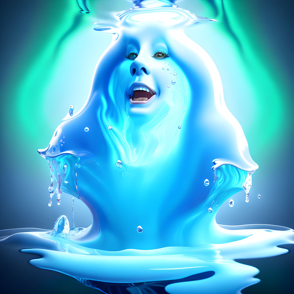 Surreal woman's face merging with splashing blue water on greenish-blue background