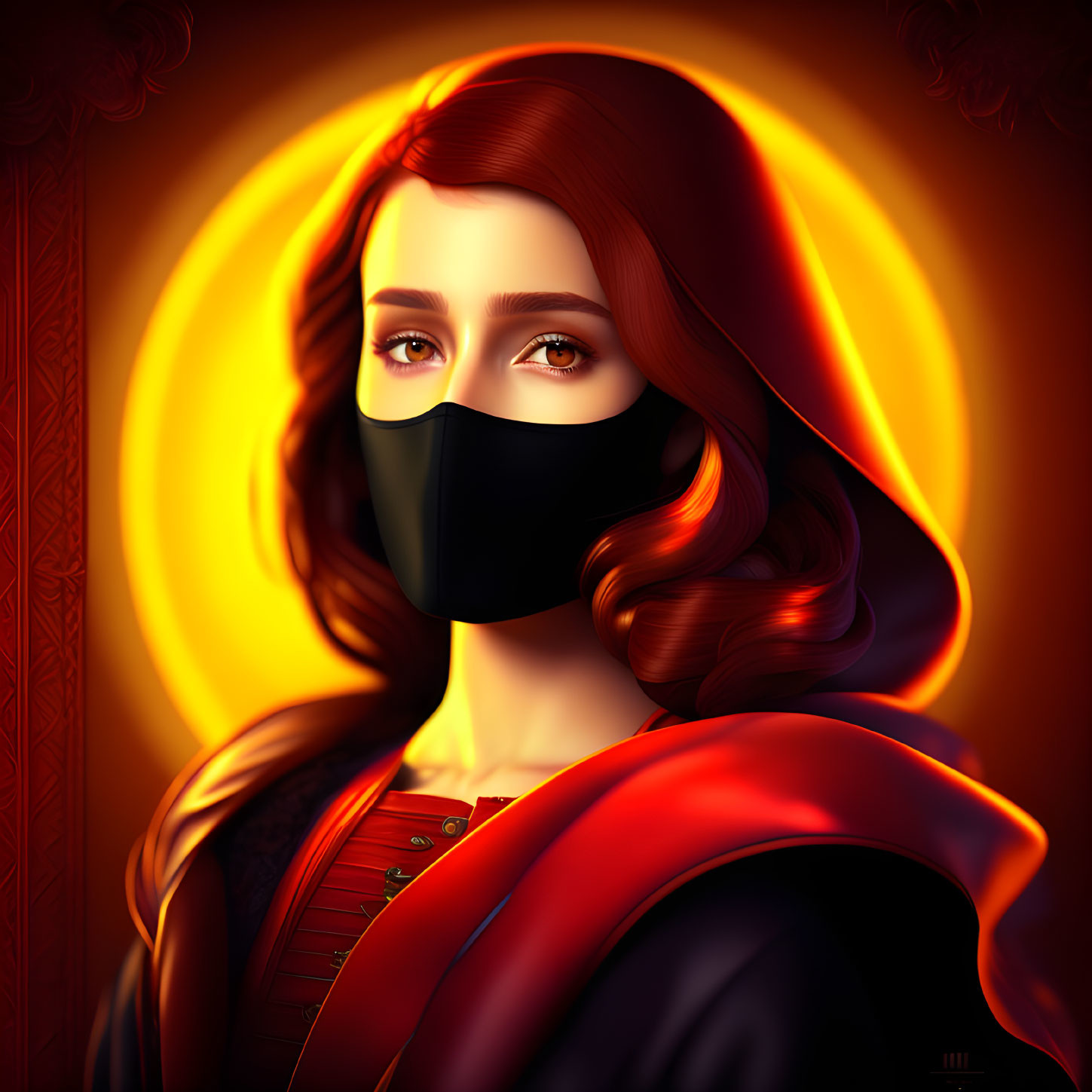 Stylized portrait of woman with red hair wearing mask on golden backdrop