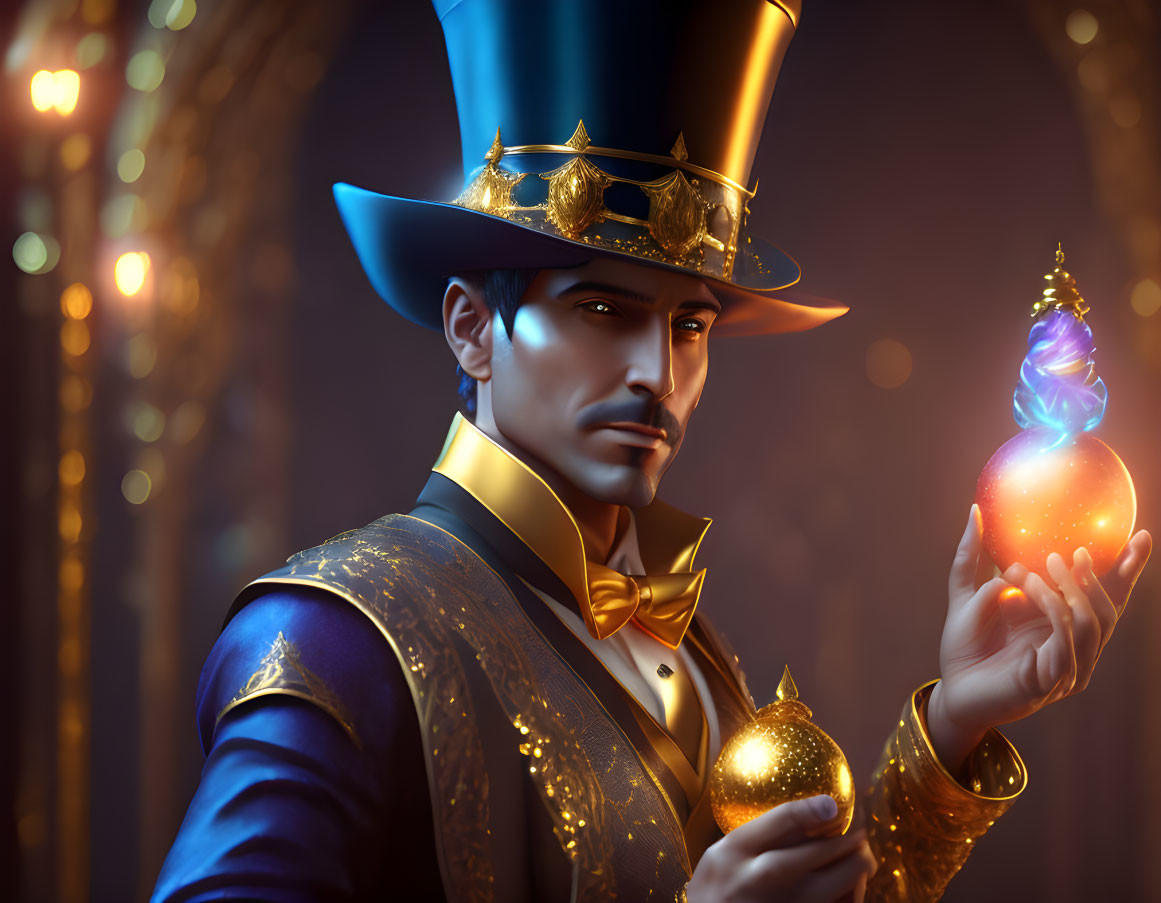 Victorian-style gentleman with magical orb in blue and gold outfit