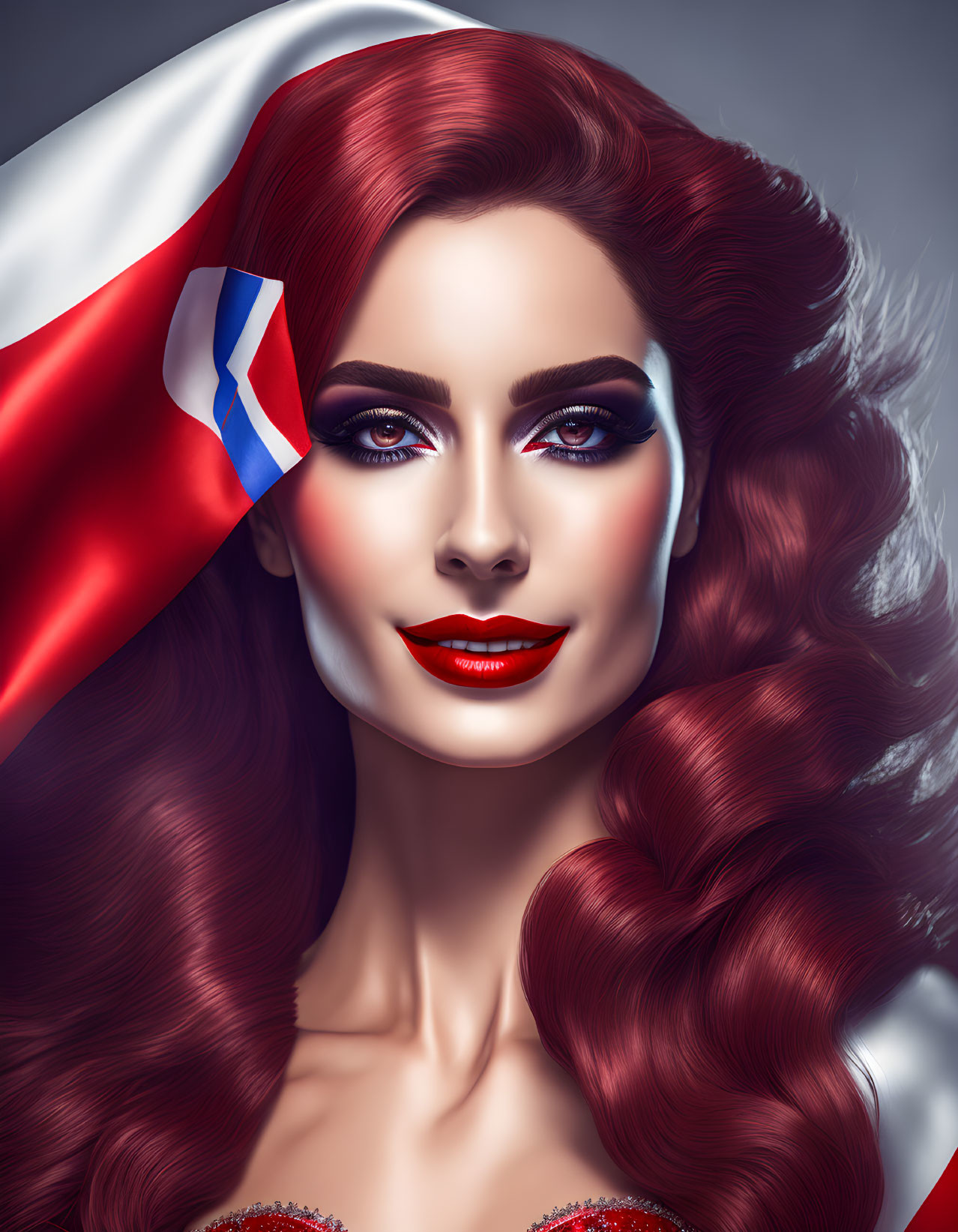 Digital portrait: Woman with red hair, red lipstick, blue eyeshadow, draped in flag.