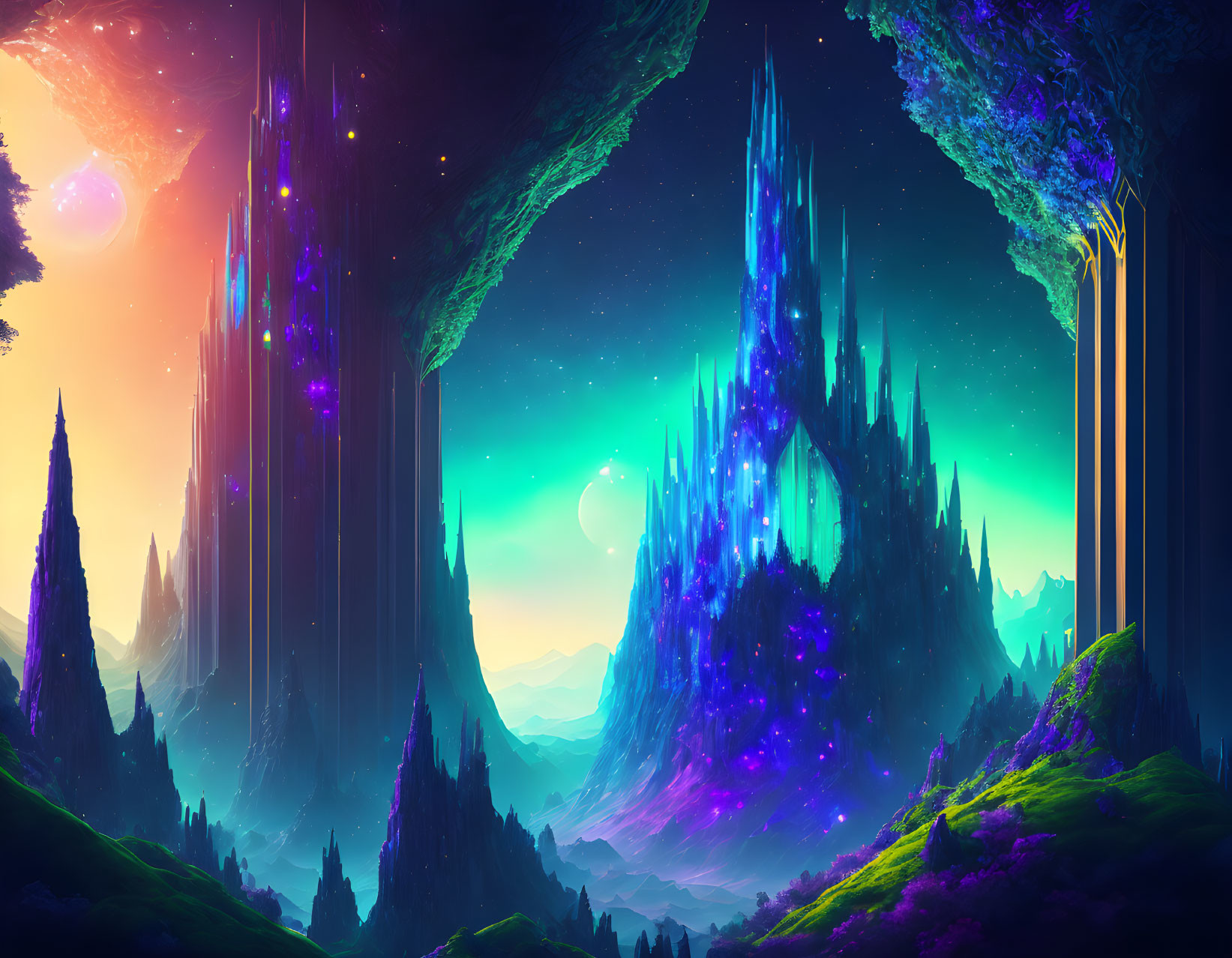 Fantastical landscape with glowing flora, crystalline castle, celestial bodies, and mystical backdrop.