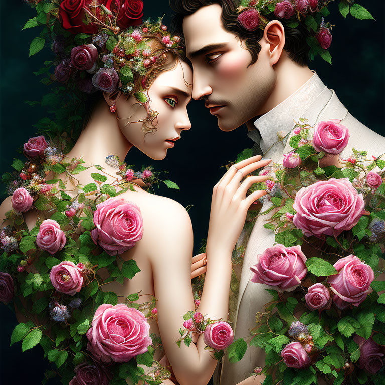 Romantic couple digital artwork with pink roses on dark background