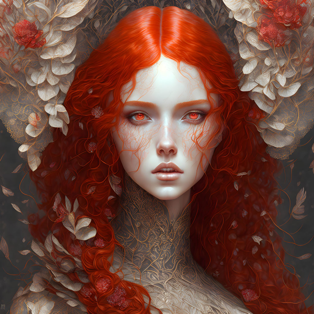 Vibrant Red-Haired Woman Portrait with Golden Leaves, Flowers, and Tattoos