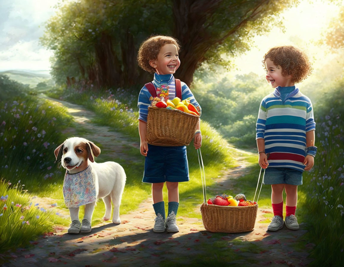 Curly-Haired Children with Fruit Baskets in Forest with Dog