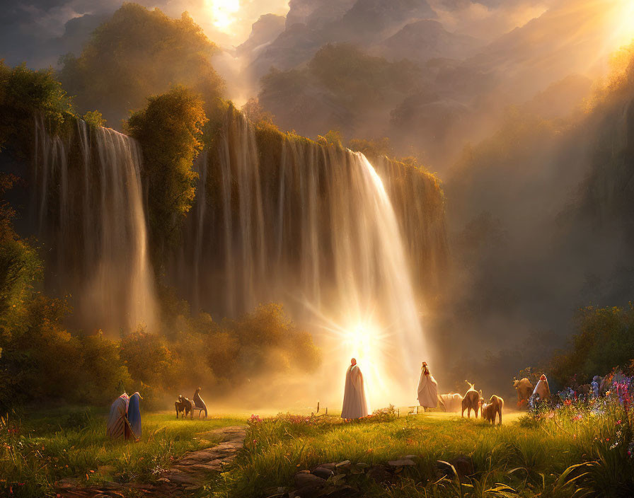 Majestic waterfall scene with robed figures and animals in lush setting