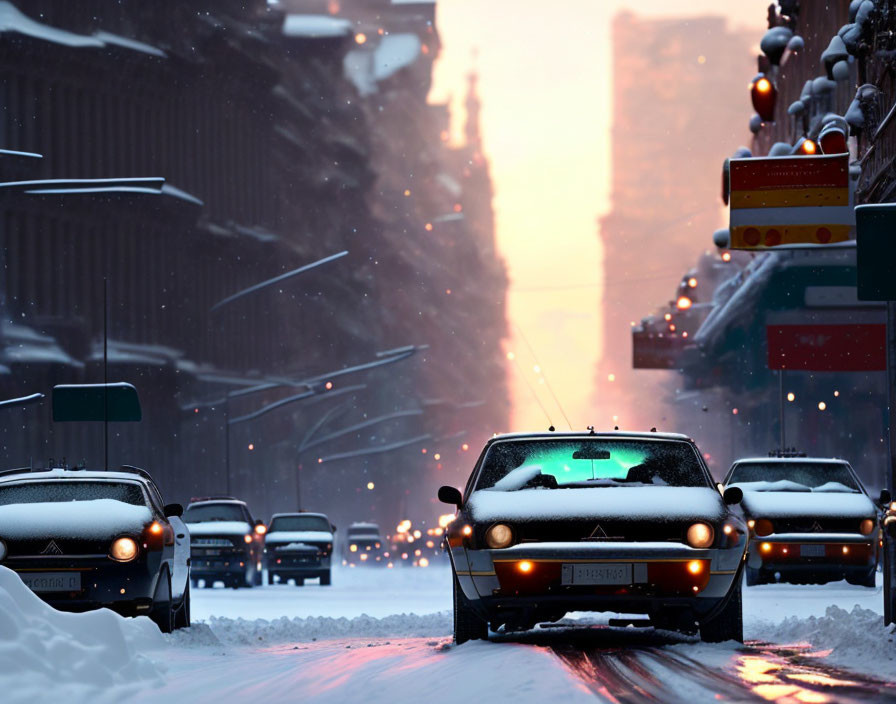 Snowy street at sunset: Cars, streetlights, falling snow