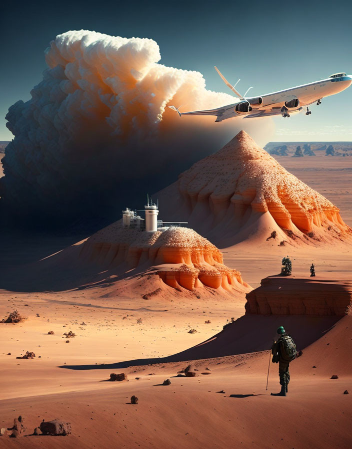 Military person walking towards futuristic desert outpost under massive cloud with low-flying airplane