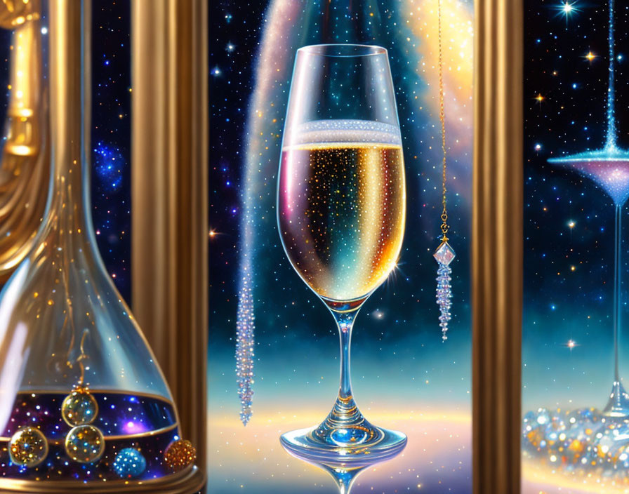 Luxurious Champagne Glass with Jewelry on Cosmic Background