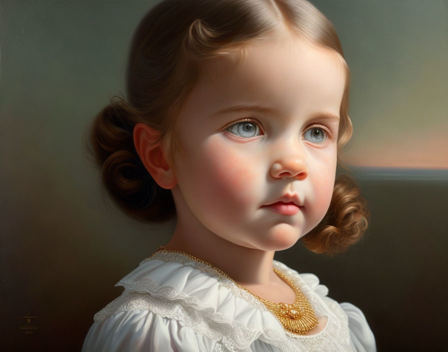 Realistic portrait of young girl with brown hair and expressive eyes