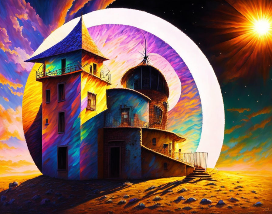 Colorful whimsical painting of fantastical tower house with moon and sun in starry sky