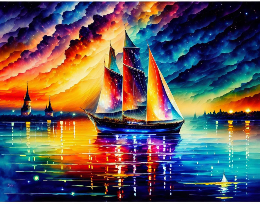 Colorful Sailboat Painting at Sunset with Vibrant Clouds and Water Reflections