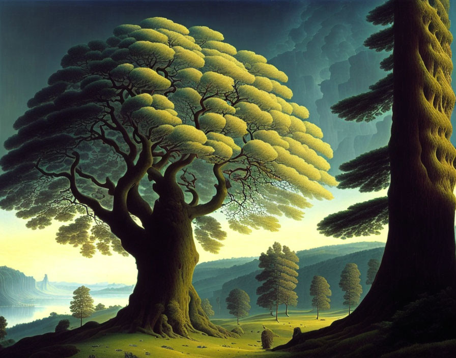 Surreal landscape painting with detailed tree, figures, hills, and sea