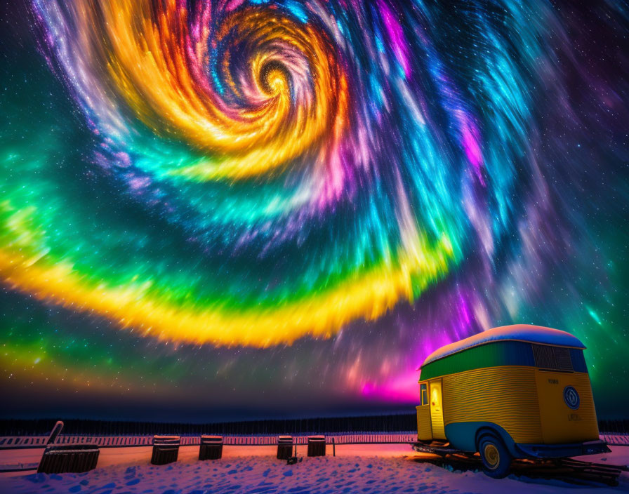 Digitally altered image: Swirling aurora borealis above vintage caravan