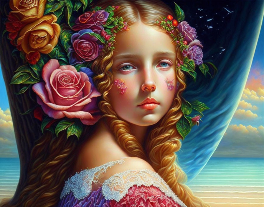 Surreal painting of girl with wavy hair and roses on starry beach